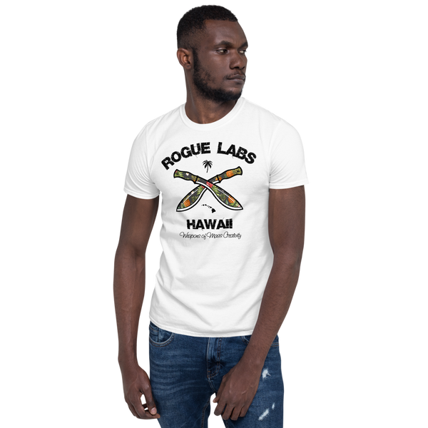 Young male wearing a Rogue Labs Hawaii T-shirt that has a urban street themed graphic logo on the front.