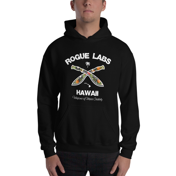 Young model wearing a Rogue Labs Hawaii unisex hoodie that has a urban street themed graphic logo on the front.