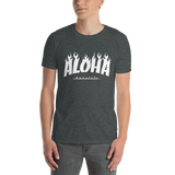 A male model wearing a Aloha Tribe Hawaii T-shirt that has Hawaii themed graphic logos on the front.