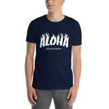 A male model wearing a Aloha Tribe Hawaii T-shirt that has Hawaii themed graphic logos on the front.