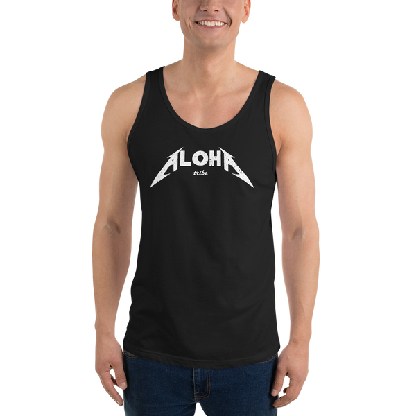 A model wearing a Aloha Tribe Hawaii unisex tank top that has Hawaii themed graphic logos on the front.