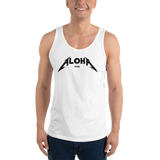 A model wearing a Aloha Tribe Hawaii unisex tank top that has Hawaii themed graphic logos on the front.
