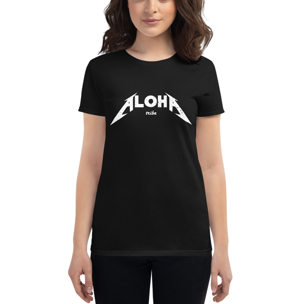 Young female wearing a Aloha Tribe Hawaii shirt that has a Hawaii themed graphic logo on the front.