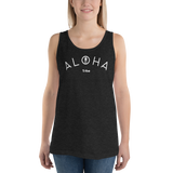 A model wearing a Aloha Tribe Hawaii unisex tank top that has Hawaii themed graphic logos on the front.