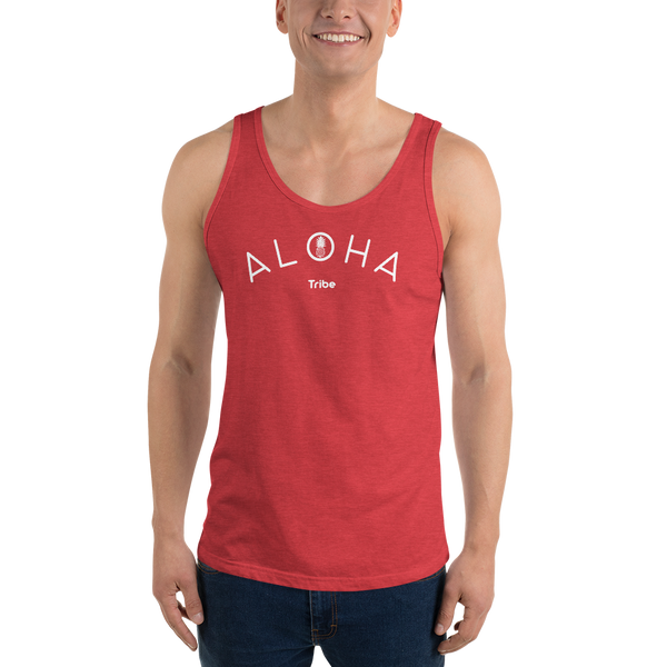 A model wearing a Aloha Tribe Hawaii unisex tank top that has Hawaii themed graphic logos on the front.