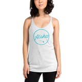 Young female wearing a Aloha Tribe Hawaii racerback tank top that has Hawaii themed graphic logos on the front.