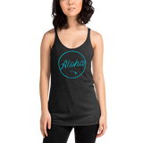 Young female wearing a Aloha Tribe Hawaii racerback tank top that has Hawaii themed graphic logos on the front.