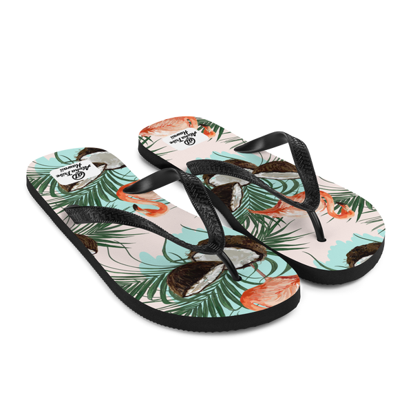 A pair of Aloha Tribe Hawaii flip flops which are also called slippers with a cool Hawaii themed graphic print.