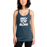 Young female wearing a Aloha Tribe Hawaii racerback tank top that has Hawaii themed graphic logos on the front.