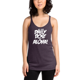 Young female wearing a Aloha Tribe Hawaii racerback tank top that has Hawaii themed graphic logos on the front.