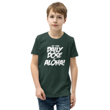 Preteen model wearing a Aloha Tribe Hawaii T-shirt that has a Hawaii themed graphic logo on the front.