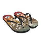 A pair of Aloha Tribe Hawaii flip flops which are also called slippers with a cool Hawaii themed graphic print.