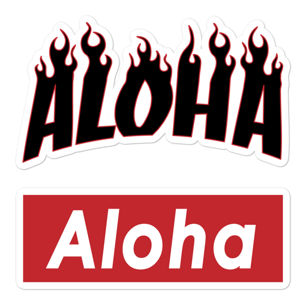 A set of Aloha Tribe Hawaii logo stickers in multiple sizes with urban street themed graphics.