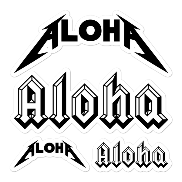 A set of Aloha Tribe Hawaii logo stickers in multiple sizes with urban street themed graphics.