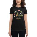 Young female wearing a Aloha Tribe Hawaii shirt that has a Hawaii themed graphic logo on the front.