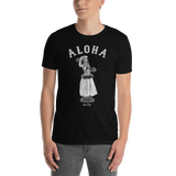 A male model wearing a Aloha Tribe Hawaii T-shirt that has Hawaii themed graphic logos on the front.