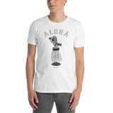 A male model wearing a Aloha Tribe Hawaii T-shirt that has Hawaii themed graphic logos on the front.