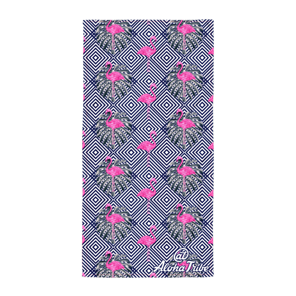 Aloha Tribe Hawaii large beach towel with pattern of lines and flamingo themed graphic print.