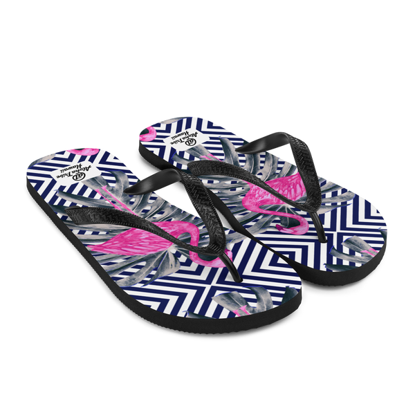 A pair of Aloha Tribe Hawaii flip flops which are also called slippers with a cool Hawaii themed graphic print.