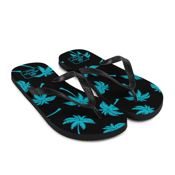 A pair of Aloha Tribe Hawaii flip flops which are also called slippers with a cool Hawaii themed graphic print.