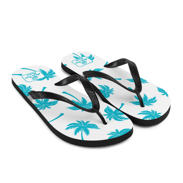 A pair of Aloha Tribe Hawaii flip flops which are also called slippers with a cool Hawaii themed graphic print.