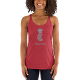Young female wearing a Aloha Tribe Hawaii racerback tank top that has Hawaii themed graphic logos on the front.
