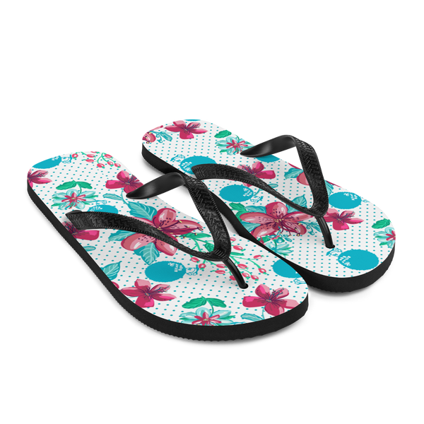 A pair of Alter Ego Hawaii flip flops which are also called slippers with a cool Hawaii themed graphic print.