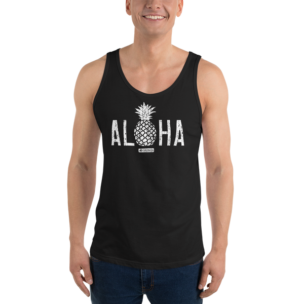 Young model wearing a Alter Ego Hawaii unisex tank top that has a Hawaii themed graphic logo on the front.