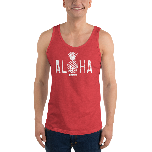 Young model wearing a Alter Ego Hawaii unisex tank top that has a Hawaii themed graphic logo on the front.