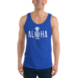 Young model wearing a Alter Ego Hawaii unisex tank top that has a Hawaii themed graphic logo on the front.