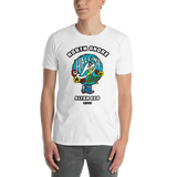 Young male adult wearing a Alter Ego Hawaii T-shirt that has a Hawaii themed graphic logo on the front.