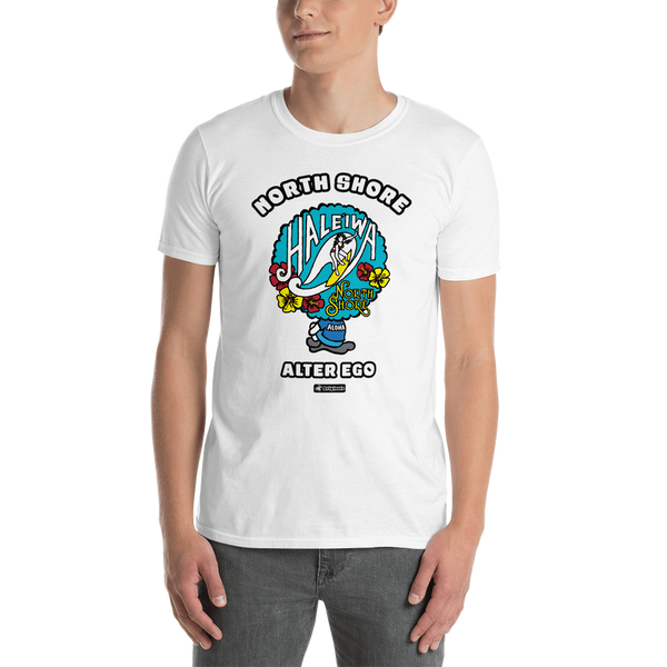 Young male adult wearing a Alter Ego Hawaii T-shirt that has a Hawaii themed graphic logo on the front.