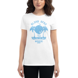 Young female wearing a Alter Ego Hawaii shirt that has a Hawaii themed graphic logo on the front.