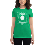 Young female wearing a Alter Ego Hawaii shirt that has a Hawaii themed graphic logo on the front.