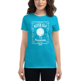 Young female wearing a Alter Ego Hawaii shirt that has a Hawaii themed graphic logo on the front.