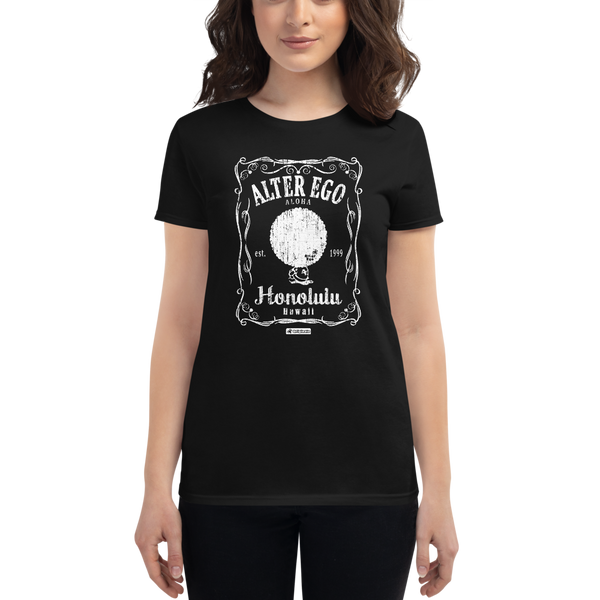 Young female wearing a Alter Ego Hawaii shirt that has a Hawaii themed graphic logo on the front.