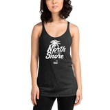 Young female adult wearing a Alter Ego Hawaii racerback tank top that has a Hawaii themed graphic logo on the front.