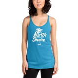 Young female adult wearing a Alter Ego Hawaii racerback tank top that has a Hawaii themed graphic logo on the front.