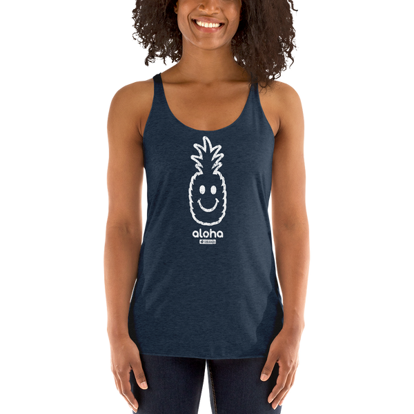 Young female adult wearing a Alter Ego Hawaii racerback tank top that has a Hawaii themed graphic logo on the front.