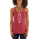 Young female adult wearing a Alter Ego Hawaii racerback tank top that has a Hawaii themed graphic logo on the front.