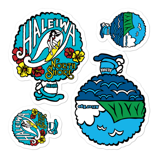 A set of Alter Ego Hawaii logo stickers in multiple sizes with urban street themed graphics.