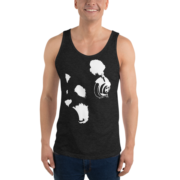 Young male wearing a Rhythm Arts Hawaii unisex tank top that has a urban street themed graphic logo on the front.