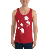 Young male wearing a Rhythm Arts Hawaii unisex tank top that has a urban street themed graphic logo on the front.