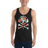 Young male wearing a Rhythm Arts Hawaii unisex tank top that has a urban street themed graphic logo on the front.