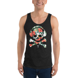 Young male wearing a Rhythm Arts Hawaii unisex tank top that has a urban street themed graphic logo on the front.