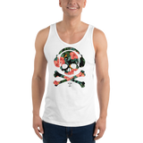 Young male wearing a Rhythm Arts Hawaii unisex tank top that has a urban street themed graphic logo on the front.