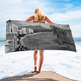 Rhythm Arts Hawaii large beach towel with a graphic of Waikiki Beach and Diamond Head. Godzilla is heading to shore.