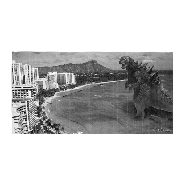 Rhythm Arts Hawaii large beach towel with a graphic of Waikiki Beach and Diamond Head. Godzilla is heading to shore.