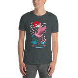 Young male wearing a Rogue Labs Hawaii T-shirt that has a Japanese Hawaii urban street themed graphic logo on the front.
