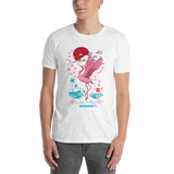 Young male wearing a Rogue Labs Hawaii T-shirt that has a Japanese Hawaii urban street themed graphic logo on the front.